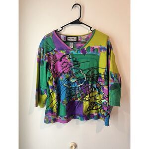 Indigo Moon Womens Blouse Top Size Med Colorful‎ Floral Sequin Tie Dye Art Deco